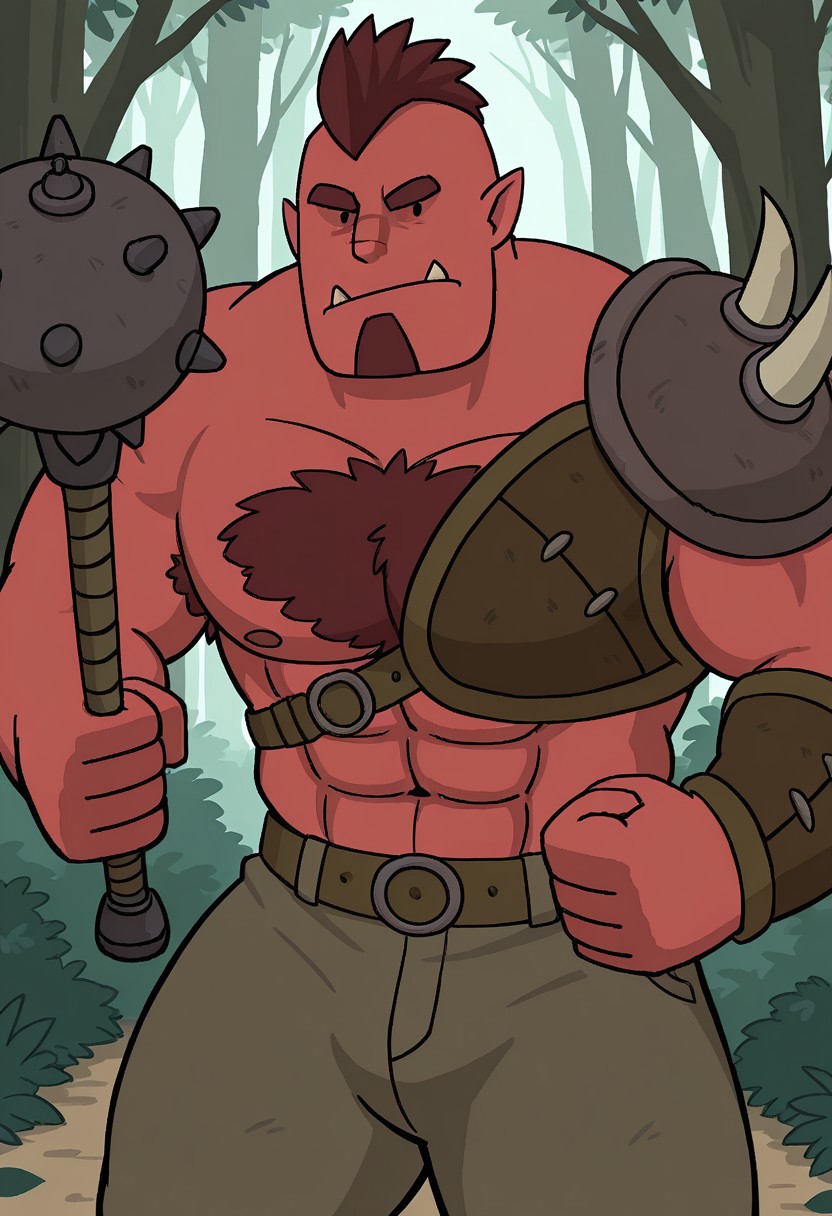 detailed background, detailed background, masterpiece, perfect quality, best quality, detailed, newest, very aesthetic, OrcRMA, tusks, orc, pointy ears, facial hair, short hair, bara, solo, 1boy, male focus, woods background, pectorals, abs, muscular, chest hair, looking at viewer, black dot eyes, shoulder armor, weapon, pants, (((red skin))), mace, angry, frown