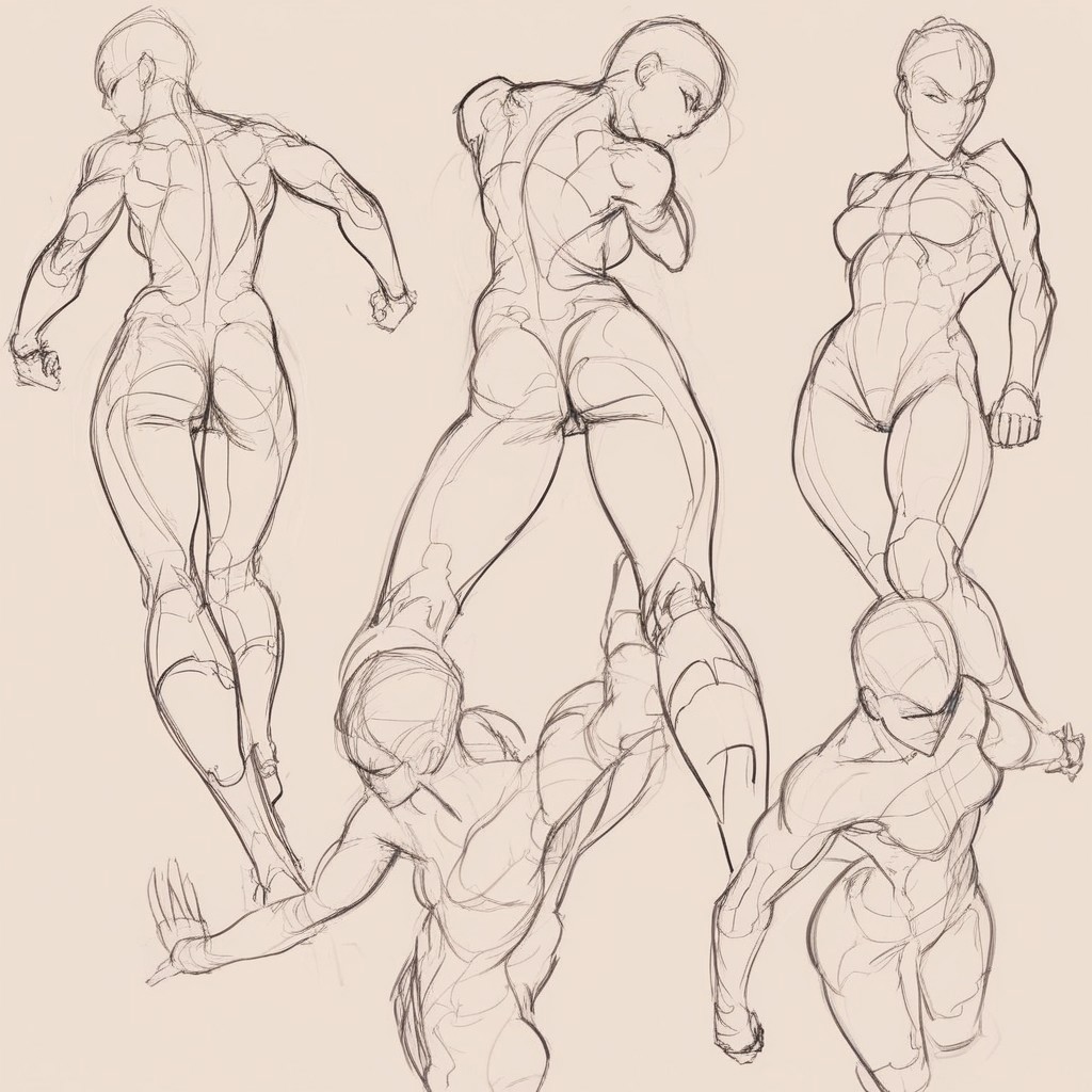 super dynamic character poses, random poses and angles, (4 poses:1.5), female focus, front view, back view, side view, angled view, clearly defined masterpiece body posing, clean sketches, line art, white background