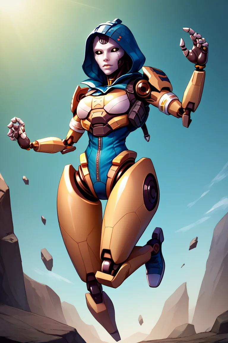 score_9, score_8_up, score_7_up, BREAK, 1girl, solo, <lora:ashtf-guy-PONYv1:.95>, ashtf, android, black sclera, robot, cracked skin, glowing, leotard, hood up, jumping, midair