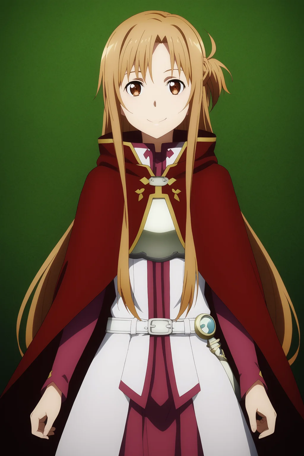 score_9, score_8_up, score_7_up, source anime, prefect lighting, very aesthetic, BREAK, anime coloring, anime screencap, official art,
<lora:asuna_sao_v2-pdv6:1>, 1girl, asuna \(sao\), sword art online, brown eyes, brown hair,
prout, cape, chestplate, cowboy shot,
BREAK, looking at viewer, smile,
BREAK,