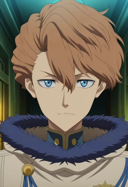 masterpiece, best quality, , anime screencap, anime coloring, official style, looking at viewer, 1boy, solo, male focus, <lora:langris_vaude_ilxl:0.94>, langris_vaude, brown hair, blue eyes, short hair, hair between eyes, fur trim, ,