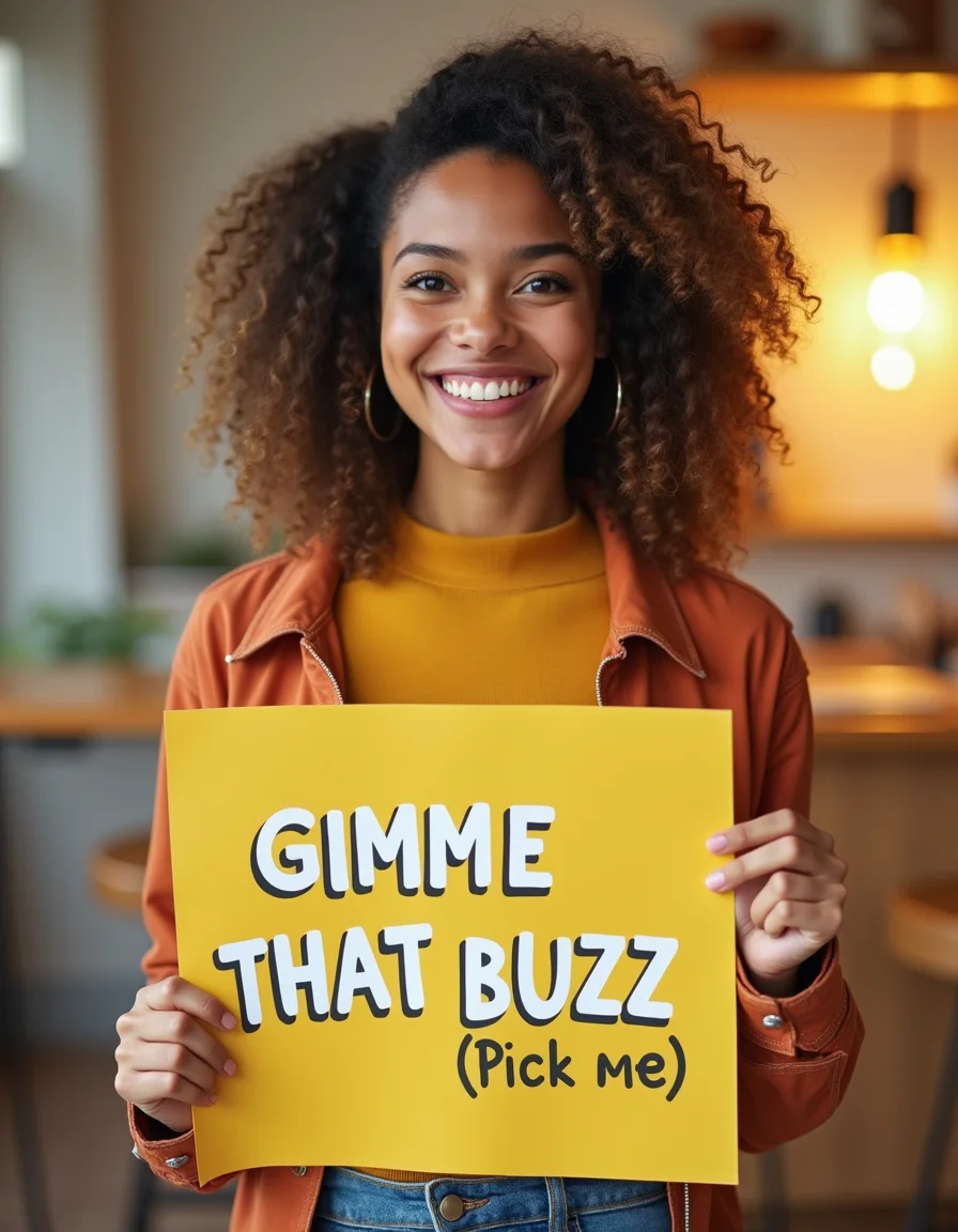 Eager young adult woaman, "gimme that buzz" holding sign text, "pick me" sign text