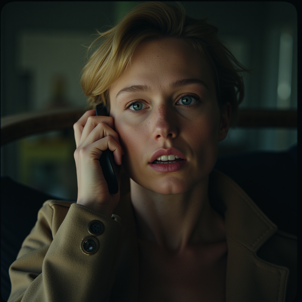 cinematic film still  <lora:Hollywood Cinematic Film style v1:1>
A dramatic cinematic photographic image of a woman with blonde hair talking on a cell phone,solo,short hair,blue eyes,blonde hair,1boy,jacket,male focus,parted lips,teeth,lips,portrait,hand on own face,freckles,realistic , Commercial advertisement themed, sharp, detailed, epic photography, artistic, creative, dramatic light, cinematic style, Kodak film style, different lighting style, different color style, different background, different scene, different person, different people, different race, different gender, 8k resolution, Television advertisement Hollywood Cinematic Film style . shallow depth of field, vignette, highly detailed, high budget, bokeh, cinemascope, moody, epic, gorgeous, film grain, grainy