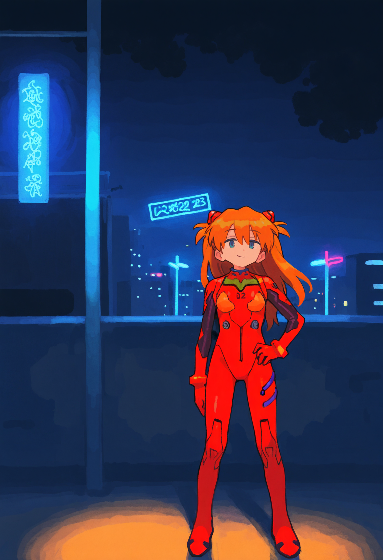 best quality, amazing quality, very aesthetic, absurdres,
BREAK
1girl, asuka langley, red plugsuit, standing, smug, looking at viewer, futuristic background, neon light , buildings, night,    <lora:MujiNoob_byKonan:1>