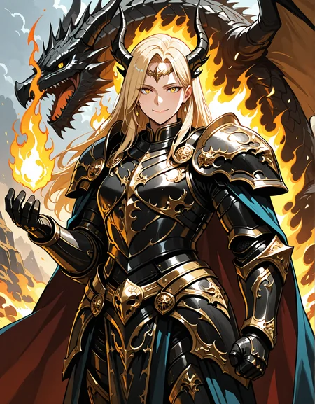 masterpieces, best quality, highres,
adult girl, gold eyes, dagron eyes, smile face, highly detailed illustration of a knight, long blonde hair, sliver armor, mcnm, fire aura, flames, fantasy, adventure, red flower, dragon, foggy, cowboy shot, facing to viewer
<lora:hinaIllustriousArmorMix_v1-rev1:0.7>