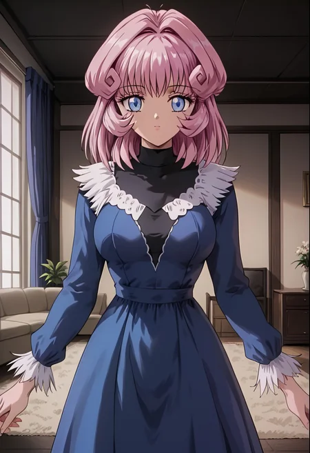 1 girl, alone, blue eyes, detailed pupils, cute face, pink hair, medium hair, bangs, medium breasts, looking at viewer, black blouse, turtleneck blouse, blue dress, dress with feathers, white feathers, indoors, living room