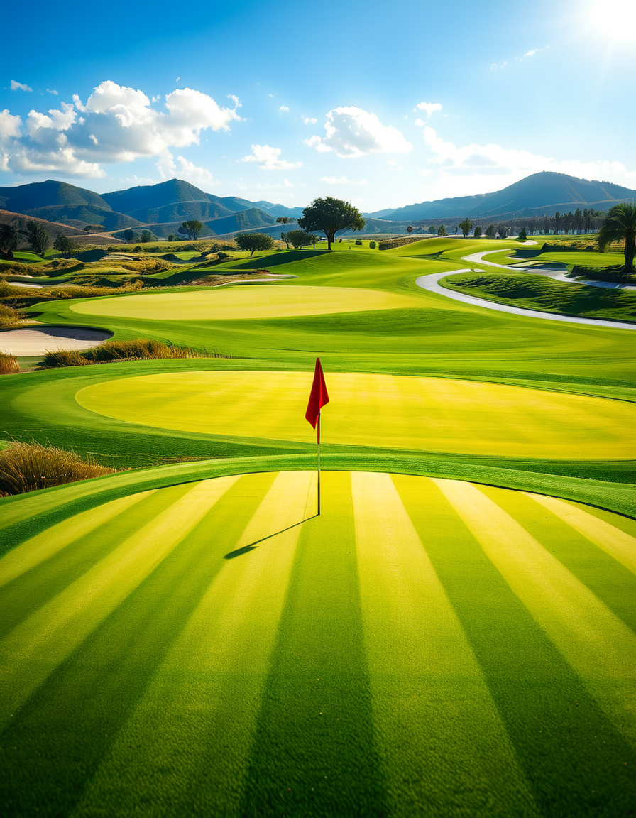 A stunning golf course captured in a high-resolution photograph, bathed in warm sunlight during the golden hour. The vast landscape features lush, perfectly manicured green fairways stretching into the distance, surrounded by rolling hills and scattered sand bunkers with smooth, raked surfaces. A crystal-clear water hazard reflects the sky, adding depth to the scenery. In the foreground, a pristine white golf ball rests on the neatly trimmed grass near a wooden tee marker. A red flag flutters gently atop a flagstick, marking the hole on the undulating green. Tall palm trees or majestic pines line the course, casting long shadows. The background showcases a breathtaking view of distant mountains or a serene blue ocean, enhancing the sense of tranquility and luxury. The sky is a brilliant shade of blue with soft, wispy clouds. The overall composition exudes elegance, precision, and the beauty of nature, capturing the essence of a world-class golf course.
<lora:SDXLFaeTastic2400:0.4> <lora:extremely_detailed:0.4> extremely detailed,<lora:golf_course:1>,golf c0urs3, Masterpiece,best quality,hi res,8k,hi res,8k,award winning,(sharp focus, intricate, highly detailed),