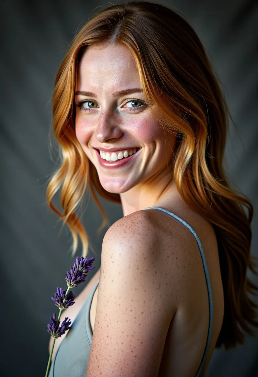 A striking studio portrait photograph captures a young woman, a bikini model, radiating warmth and confidence against a deep charcoal gray backdrop. Her auburn hair, subtly highlighted with golden strands, cascades in loose waves around a face dusted with a captivating pattern of freckles across her skin, as she gazes gently towards the camera with a soft smile revealing pearly white teeth. A single sprig of lavender rests delicately near her left shoulder, subtly contrasting with her skin, while diffused, soft light gently illuminates the textures of her hair and skin, creating a serene and inviting atmosphere. The background remains a seamless expanse, subtly textured to avoid distraction from the model's natural beauty and poised stance. Freckled_Hot_Babe