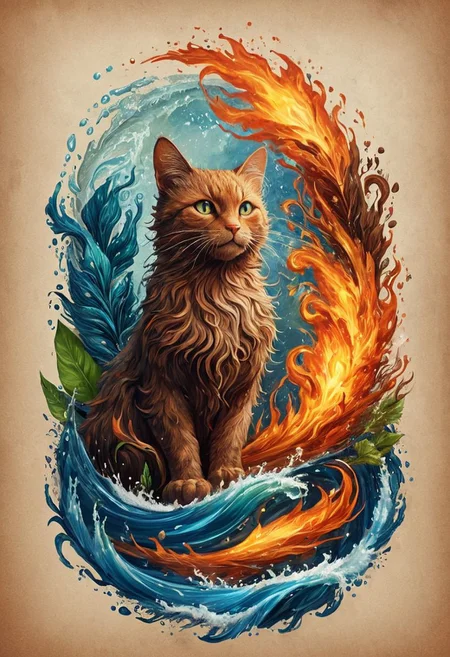 ElementsMix (Earth:0.9),(Water:1.0),(Fire:0.9),(Wind:0.8) (cat:0.6), detailed background