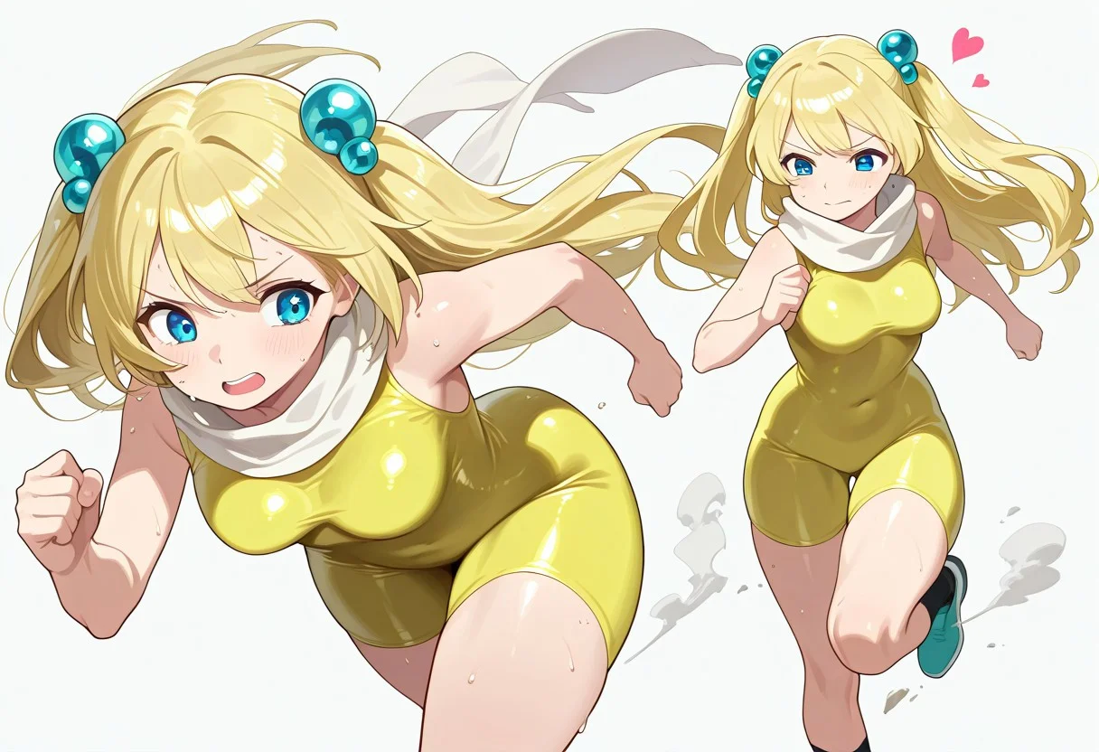 simple background,  love heart, running, sweating,
masterpiece, masterpiece, best quality, high quality, detailed, absurdres
poison gas giantess, yellow bodysuit, blond hair, white scarf, blue hair baubles, solo, 1girl, long hair, hair ornament,, blue eyes, black socks, blue shoes,