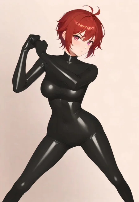 Masterpiece, High quality, OC, anime stye, 1 woman, Female Adult woman, 1girl, tall, Short rose Red color hair, Black skintight latex bodysuit, full Black skintight latex gloves, Pink eyes, Short rose Red color hair, Black Latex skintight bodysuit, all black shiny latex suit, long zipper on center of suit, shiny Black latex skintight elbow gloves, shiny Black latex skintight thigh boots, gadget belt on waist, serious face expression, fighting pose, arms out, legs spread, fist balled, fighting area background