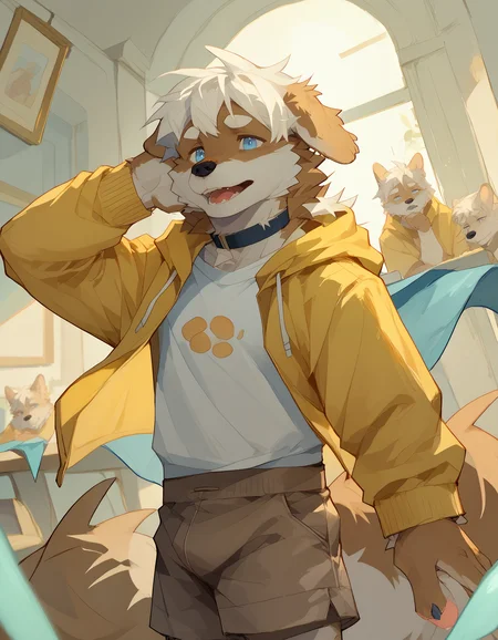 score_9, score_8_up, score_7_up, rating_safe, detailed, <lora:add-detail-xl:2.5>, anthro, furry, dutch angle, high quality, hires, detailed background, embedding:easynegative, pose, score_9, score_8_up, score_7_up, rating_safe, detailed, <lora:add-detail-xl:2.5>, anthro, furry, dutch angle, high quality, hires, detailed background, embedding:easynegative, pose, <lora:Viosgit_style.safetensors:1.4>, (by viosgit:1.2), <lora:Michi_OC.safetensors:1.0>, (male, male focus, happy face:1.15), (Michi:1.15), d0g, White hair, blue eyes, white muzzle, yellow hoodie, brown shorts, (floppy ears:1.1), white eyebrows, tail, brown body, solo, upper body