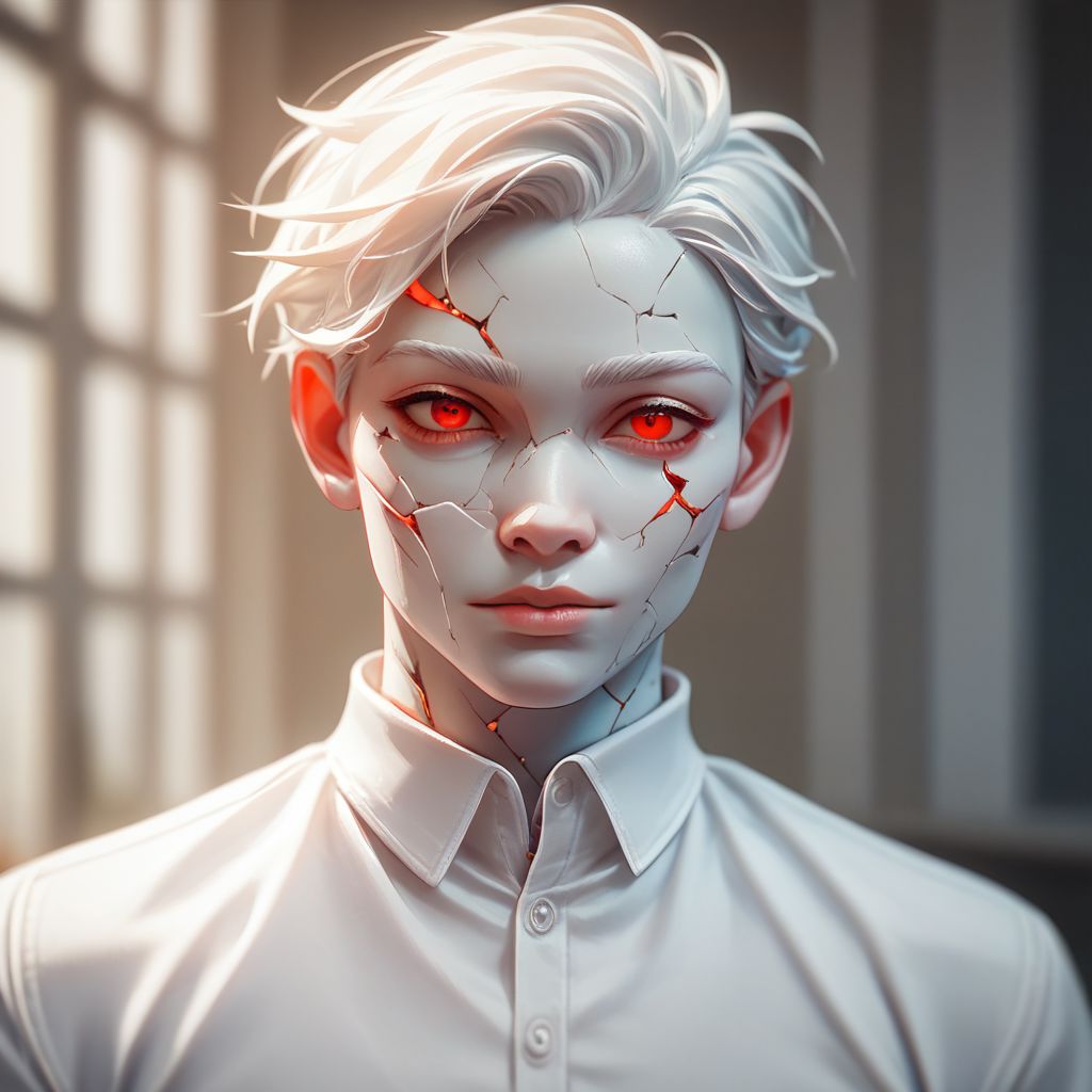 (((beautiful, high quality))), upper Body, score_9, score_8_up, score_7_up, 
easynegative, GenasiEarth,
1boy, male focus, marble skin, glowing red cracks, red eyes, white hair, white shirt,
looking at the viewer, posing, 
blurred background,