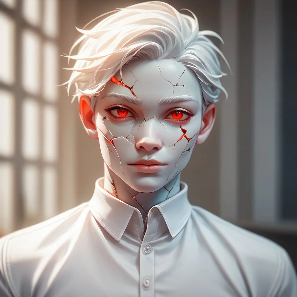 (((beautiful, high quality))), upper Body, score_9, score_8_up, score_7_up,
easynegative, GenasiEarth,
1boy, male focus, marble skin, glowing red cracks, red eyes, white hair, white shirt,
looking at the viewer, posing,
blurred background,