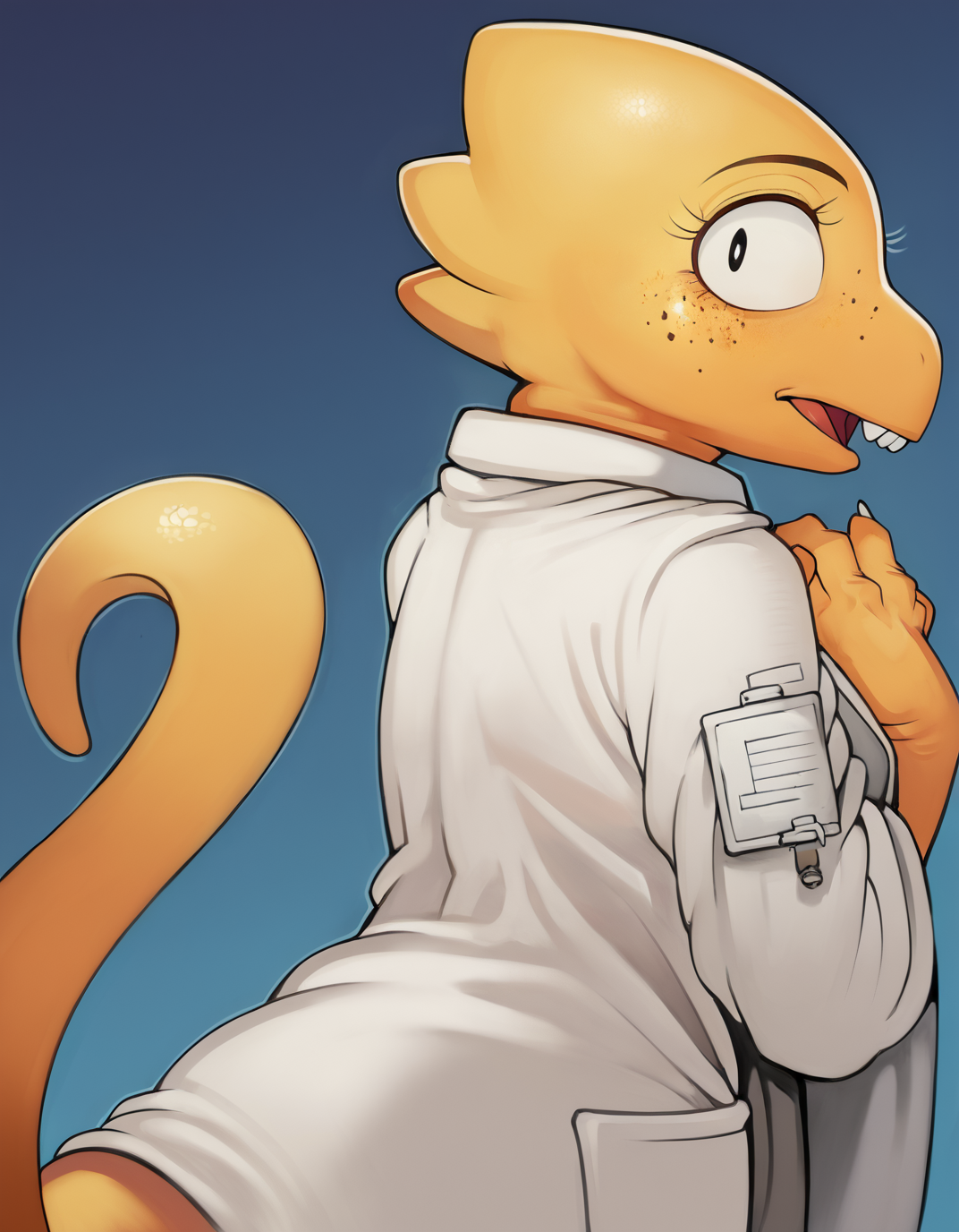 zPDXL3,buckteeth,beady eyes,<lora:Alphys_Pony:0.8>,female,4 fingers,upper_teeth,lab coat,yellow body,shirt,tail,freckles,scalie,plump female,alphys,looking_at_viewer,alphys,art by sindoll,, <lora:PDXL_artist_tags_v2_big:1>
