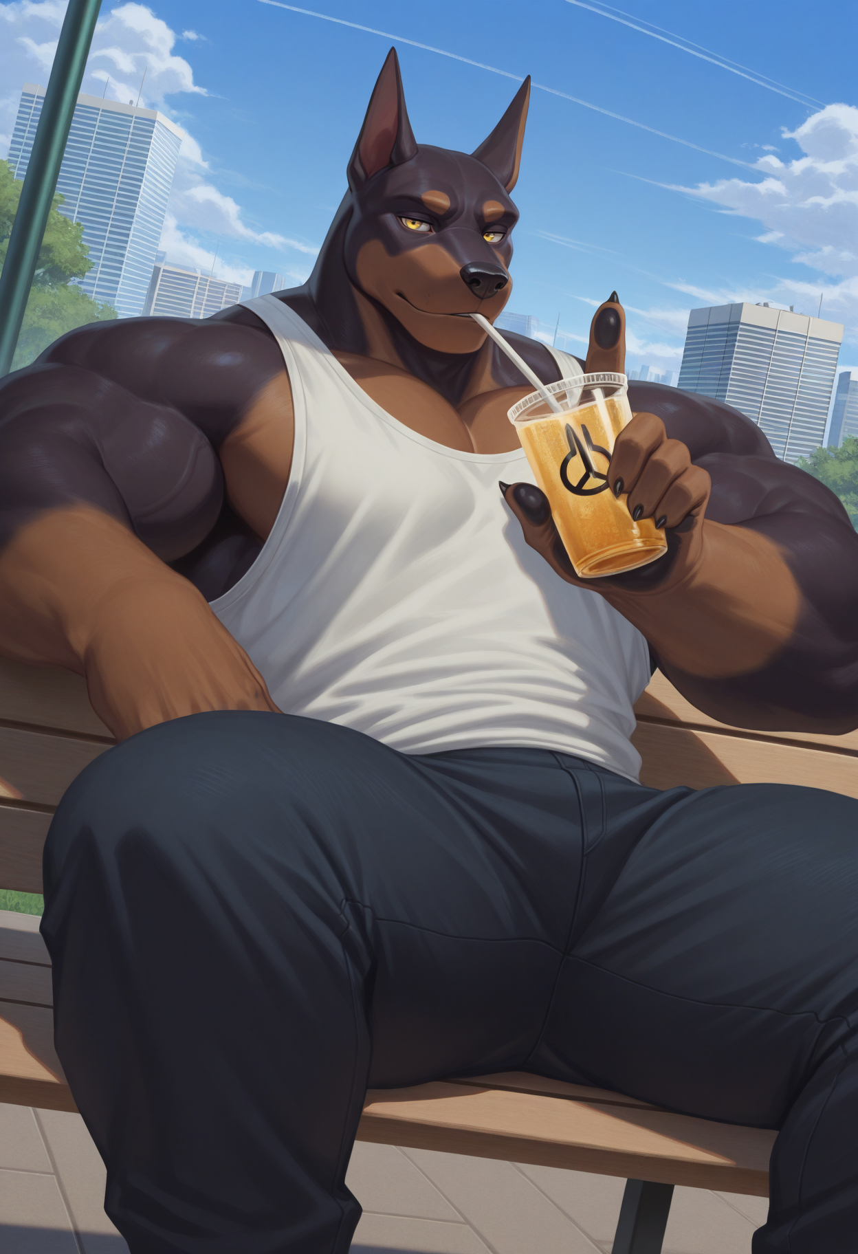 kult2k, solo, male focus, 1boy, canine, dobermann, brown fur, two-tone body, muscular anthro, huge muscles, thick thighs, yellow eyes, tank top, pants, city, park, sitting on bench, spread legs, holding drinking straw, looking at viewer, clouds, blue sky, dutch angle,
perfect anatomy, masterpiece, perfect quality, best quality, amazing quality, detailed, newest, very aesthetic