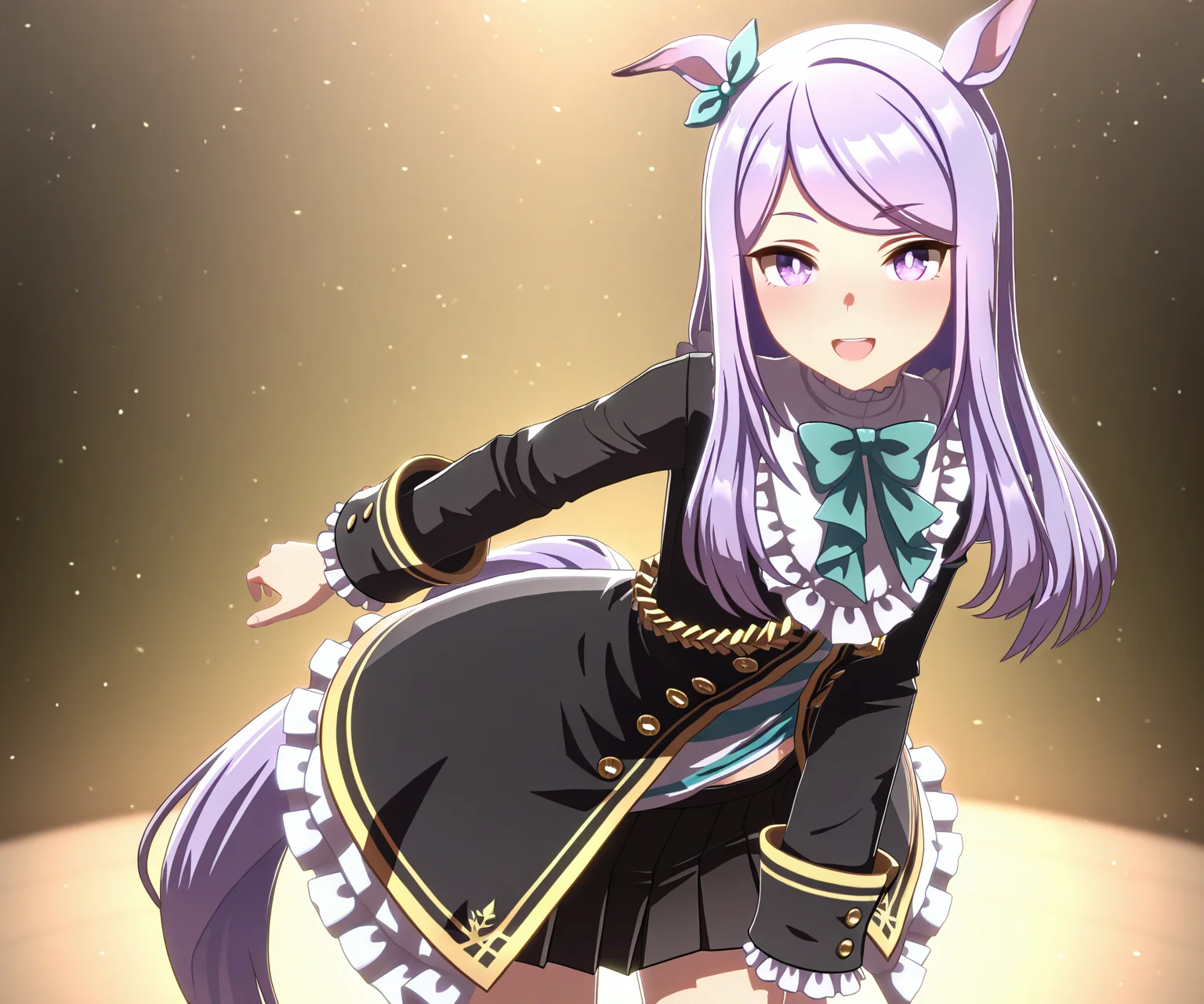 masterpiece, best quality, amazing quality, , 1girl, solo, looking at viewer, cowboy shot, smile, open mouth, <lora:Mejiro Mcqueen in game style 3D ILL-v2:1> ummsmingame, 3d, mejiro mcqueen (umamusume)
