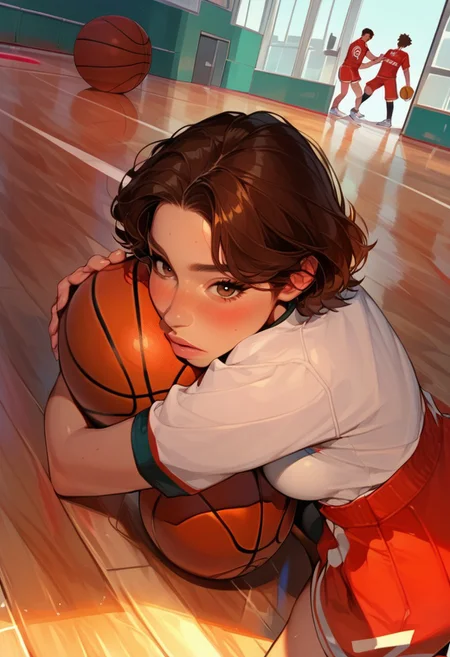 (score_9, score_8_up, score_7_up, score_6_up), dynamic angle, anime realism, UHD, beautiful, 8k, source_anime, (anime style:1.1), Semi-realism, 1girl, solo focus, disney princesses face, short hair, brown hair, brown eyes, medium breasts, on stomach, on basketball court , basketball hug, blush, gym uniform, (full body:1.2), socks, bottom up, innocent looks, freckles, full body dynamic angle, sneakers, sneakers, hugging ball,
