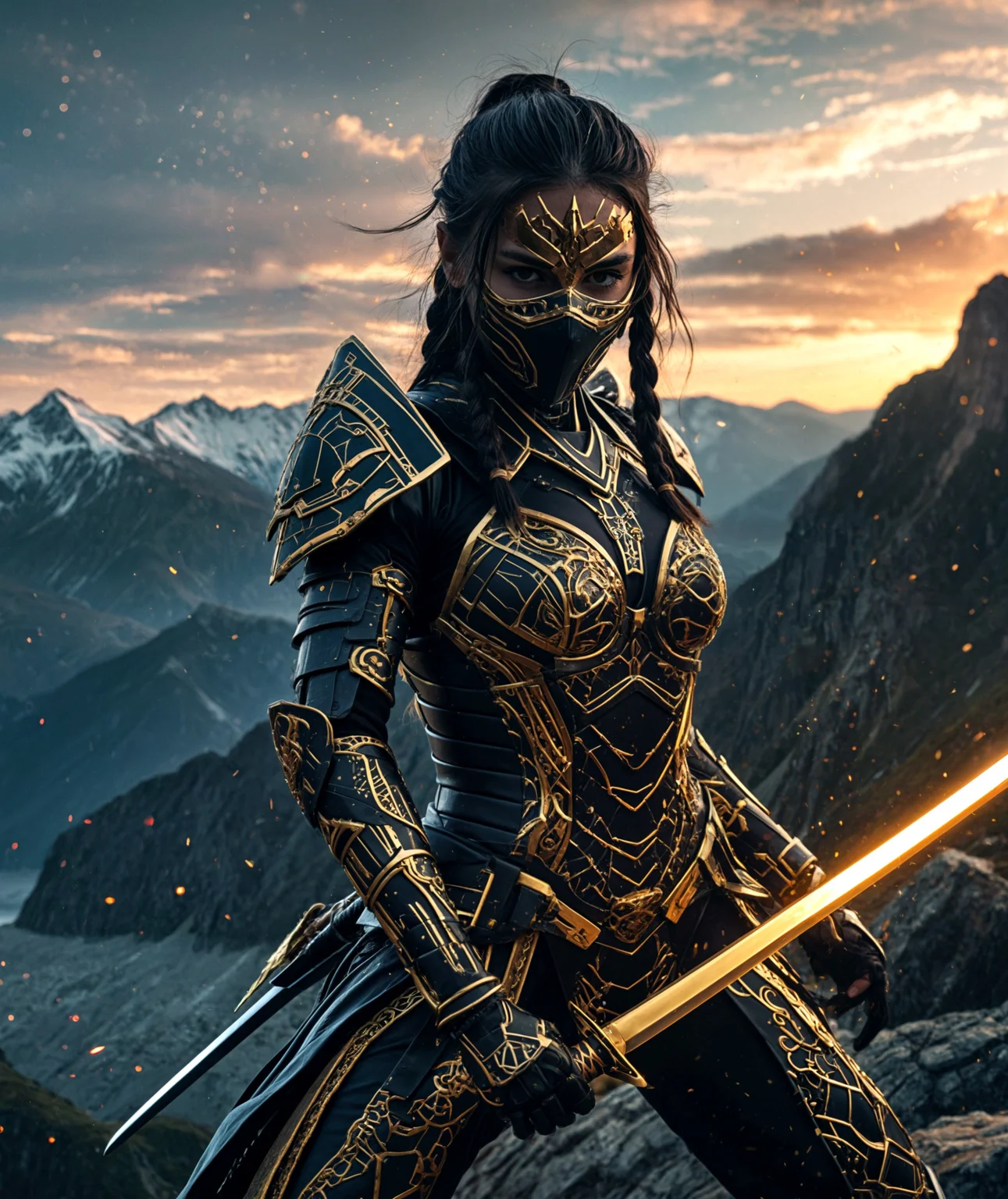 cinematic photo award-winning photo of a beautiful (masterpiece), (extremely intricate:1.3), (realistic), IllusP0s, cryos2, masterpiece, best quality, cinematic lighting, ultra detailed, dynamic action shot, epic scenery background, realistic rendering,  pixel disintegration, digital distortion effect, cyber-fantasy aesthetic, intricate armor design, glinting highlights, sharp focus, very aesthetic, high contrast, 1girl, solo, cyber samurai, futuristic armor with gold and black accents, flowing braided hair, holding katana, dramatic katana swing, glowing katana blade, masked face, intense pose, dynamic pose, dissolving body into glowing digital cubes, pixelated fragments flying, Glitch aura, mountain landscape background, heroic..4k, 8k, highly detailed, cinematic, 8k, dramatic lighting, high detail, highly detailed, hyper realistic, intricate, intricate sharp details, 35mm photograph, film, bokeh, professional, 4k, highly detailed. 35mm photograph, film, bokeh, professional, 4k, highly detailed