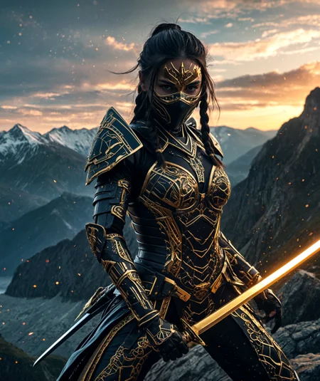 cinematic photo award-winning photo of a beautiful (masterpiece), (extremely intricate:1.3), (realistic), IllusP0s, cryos2, masterpiece, best quality, cinematic lighting, ultra detailed, dynamic action shot, epic scenery background, realistic rendering, pixel disintegration, digital distortion effect, cyber-fantasy aesthetic, intricate armor design, glinting highlights, sharp focus, very aesthetic, high contrast, 1girl, solo, cyber samurai, futuristic armor with gold and black accents, flowing braided hair, holding katana, dramatic katana swing, glowing katana blade, masked face, intense pose, dynamic pose, dissolving body into glowing digital cubes, pixelated fragments flying, Glitch aura, mountain landscape background, heroic..4k, 8k, highly detailed, cinematic, 8k, dramatic lighting, high detail, highly detailed, hyper realistic, intricate, intricate sharp details, 35mm photograph, film, bokeh, professional, 4k, highly detailed. 35mm photograph, film, bokeh, professional, 4k, highly detailed