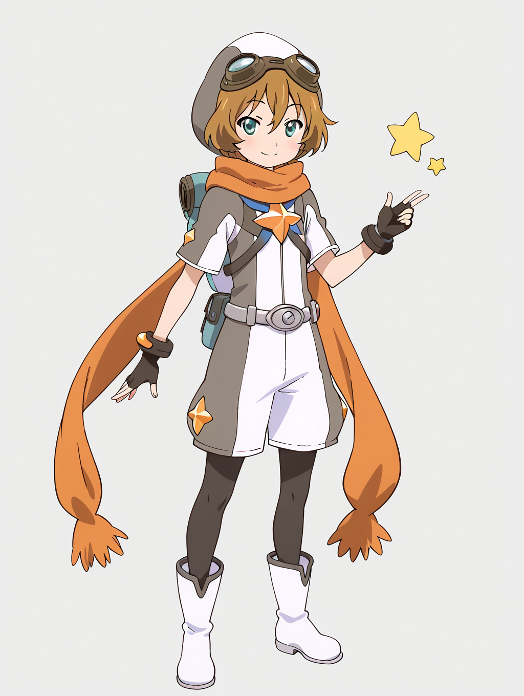 general,highres, ultra-detailed,very aesthetic,best quality ,best hands,  BREAK <lora:Elnath_Houkago_no_Pleiades_IS:1> Elnath(Pleiades), 1boy,solo, scarf, goggles, brown hair, goggles on head, short hair, aqua eyes, 
 1girl, solo, full body, gloves, boots, smile, pantyhose, shorts, looking at viewer, orange scarf, fingerless gloves, 
white footwear, short sleeves, star (symbol), black pantyhose, black gloves, standing, white shorts,