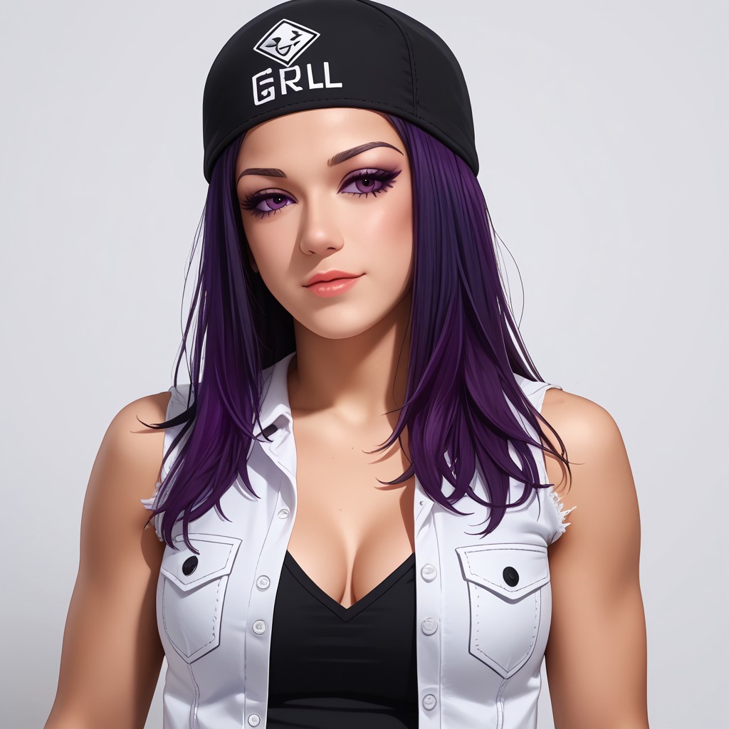b-girl, cap, black hair, purple highlights, long hair, white unbuttoned shirt, black tanktop, jeans, portrait,