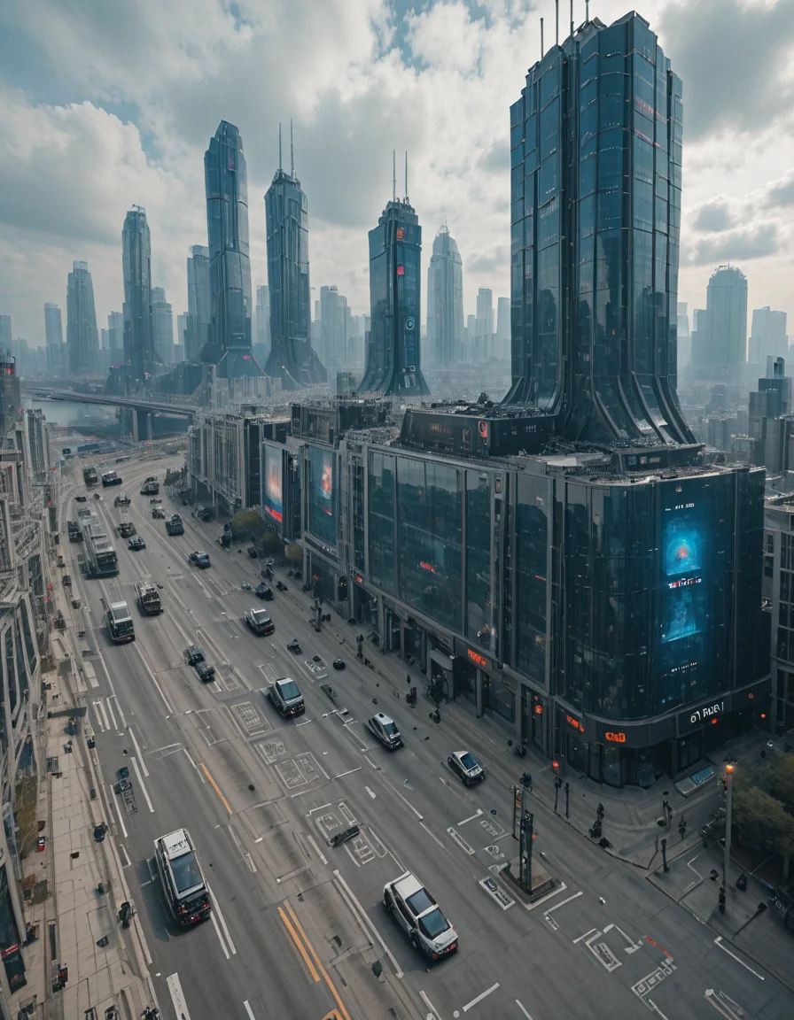 <lora:CW_03_lunisilla:1> lunisdst. This photo captures a stunning futuristic urban streetscape dominated by colossal, floating skyscrapers that appear to defy gravity. These towering structures rise high into a partly cloudy sky, their reflections distorted and fragmented, suggesting advanced architectural or visual technology.
At street level, a line of sleek, double-articulated futuristic buses moves down a broad avenue, alongside regular cars. The road is clean and highly structured, with clearly marked lanes and elevated walkways suggesting a city optimized for traffic flow and pedestrian integration.
The buildings lining the street are covered in holographic advertisements, glowing neon signage, and large LED screens displaying tech-centric visuals and commercials. One prominent black building near the foreground stands out with bold red signage and luminous cyan digital displays.
The overall ambiance is one of high-tech modernity blended with urban realism, evoking a cyberpunk aesthetic filled with movement, light, and towering innovation.