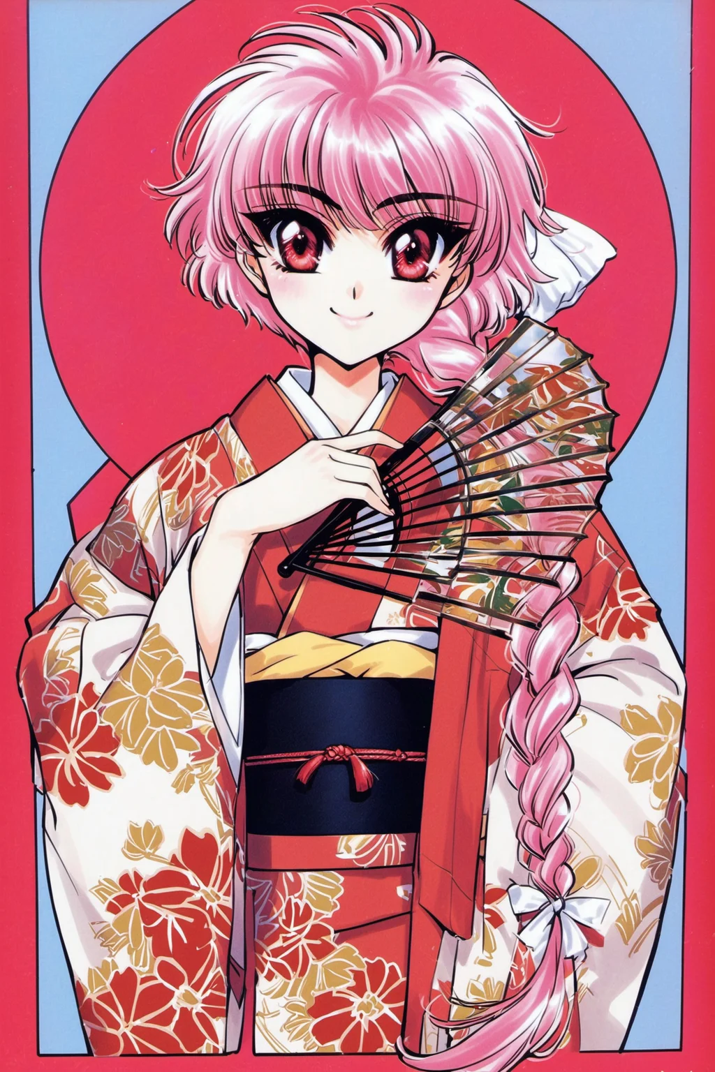 Shidou Hikaru,1girl,japanese clothes,solo,1990s \(style\),hand fan,retro artstyle,kimono,braid,pink hair,red eyes,long hair,folding fan,smile,obi,single braid,sash,flower,holding,<lora:Magic knight Rayearth_XL:0.8>,