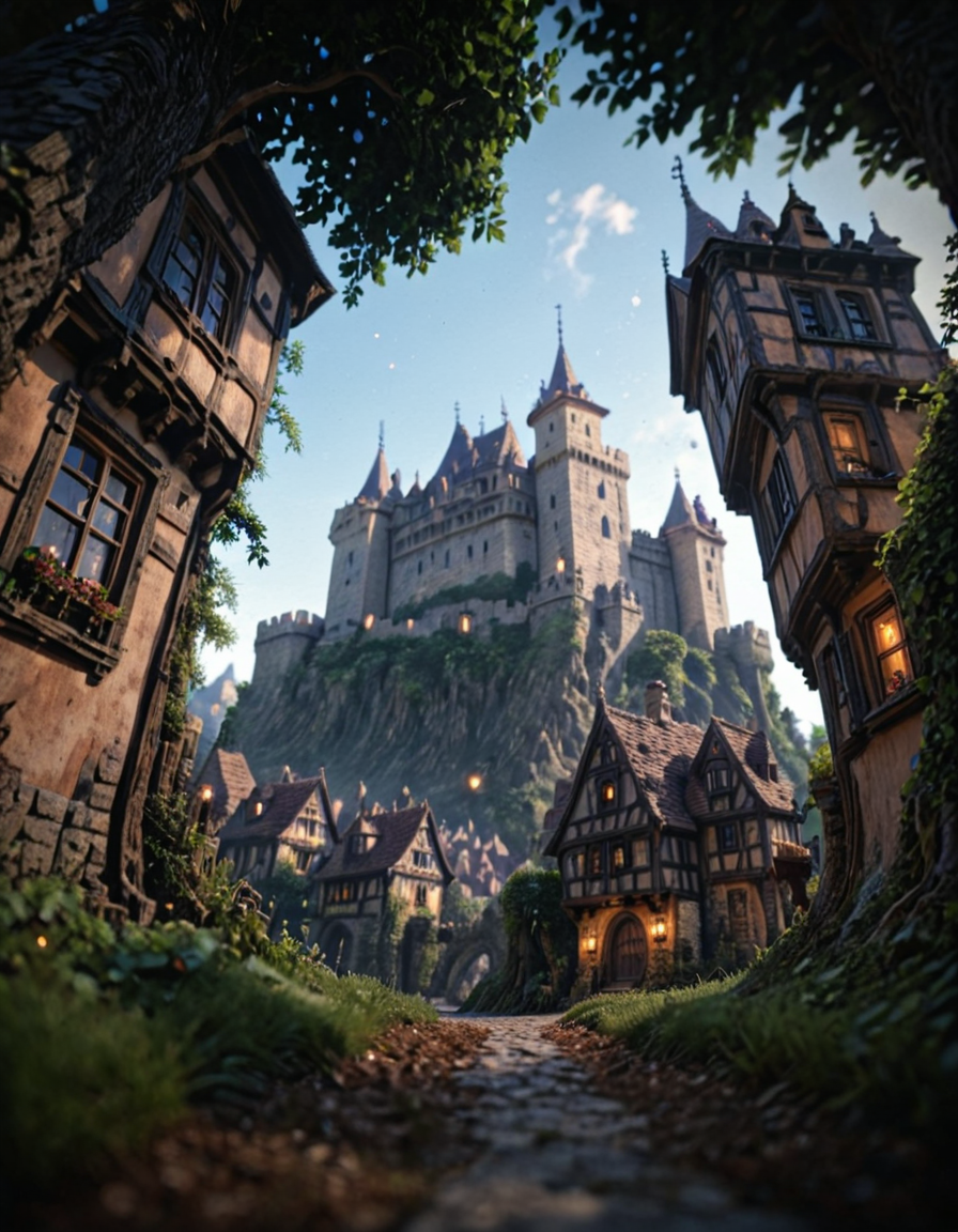 <lora:Medieval_Worlds_Specialxlb:1> mw01out, very narrow street, under tree, ground view, houses, T11, highly detailed, depth of field, scenery, vegetation, brown, bokeh, fantasy, high castle in the background, low angle,