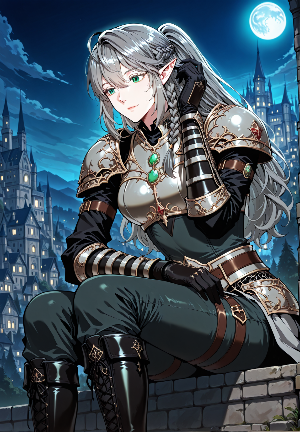<lora:Tessia_Eralith__The_Beginning_After_the_End__Illustrious_v1-000008:1>
1 girl, solo, elf, pointy ears, green eyes, grey hair, braid, side braid, french braid, hair bettween eyes, bangs, long hair, ahoge
breastplate, gauntlets, shoulder armor, black gloves, ponytail, black boots
score_9, score_8_up, score_7_up, very aesthetic, source_anime, detailed, high quality, beautiful, masterpiece, detailed eyes, castle, village, blurry background, cityscape, pose dynamic angle, light smile, open mouth, hand on hair, sitting, night, blue moon, <lora:iLLMythG0thicL1nes:1>