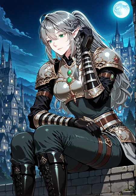 <lora:Tessia_Eralith__The_Beginning_After_the_End__Illustrious_v1-000008:1>
1 girl, solo, elf, pointy ears, green eyes, grey hair, braid, side braid, french braid, hair bettween eyes, bangs, long hair, ahoge
breastplate, gauntlets, shoulder armor, black gloves, ponytail, black boots
score_9, score_8_up, score_7_up, very aesthetic, source_anime, detailed, high quality, beautiful, masterpiece, detailed eyes, castle, village, blurry background, cityscape, pose dynamic angle, light smile, open mouth, hand on hair, sitting, night, blue moon, <lora:iLLMythG0thicL1nes:1>