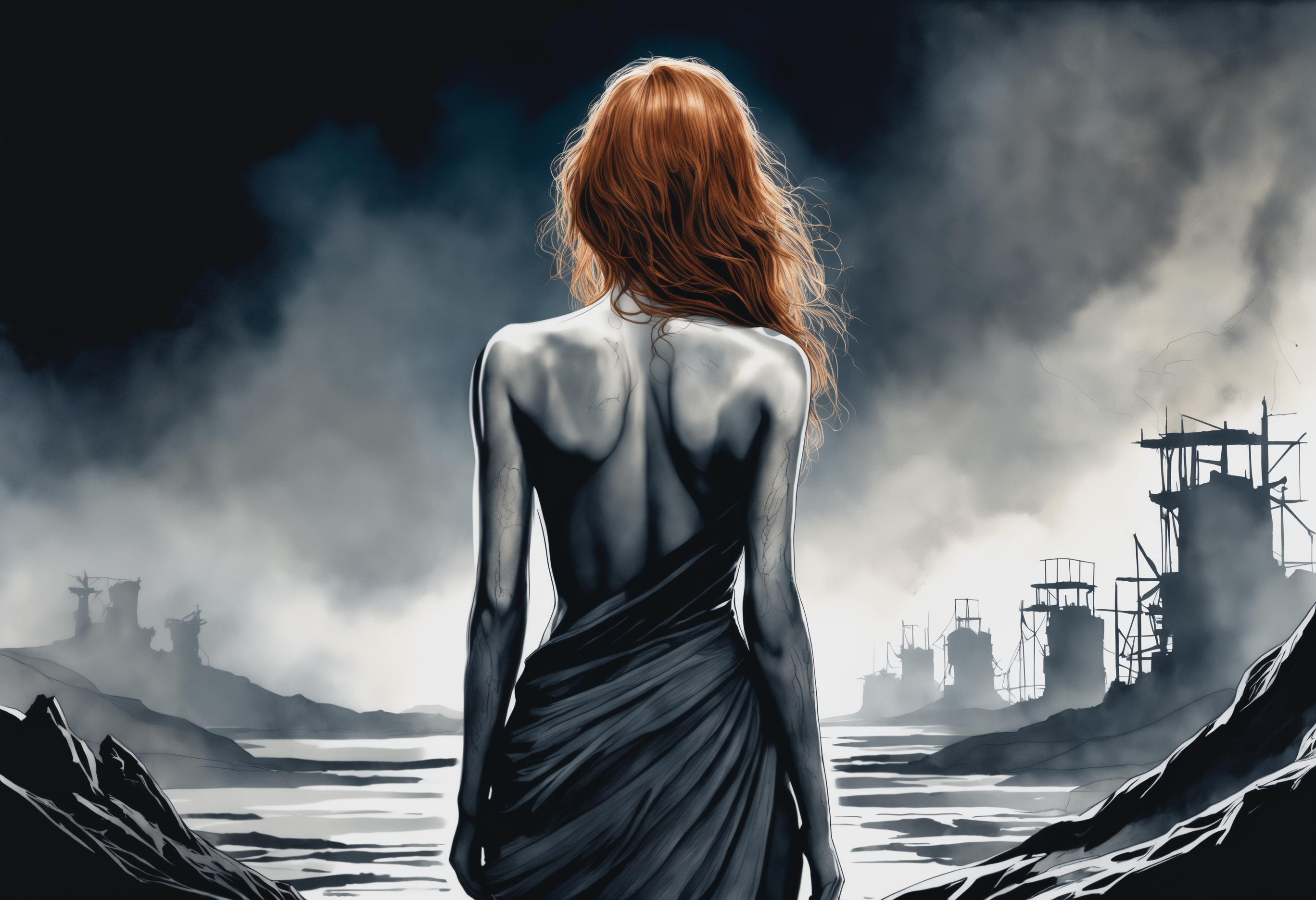 a watercolor painting of a female born from the ashes, from behind.
Her (ginger undone hair:1.2) covers part of her beautiful face and bare chest, cold blue eyes. 

There is diffuse, misty and smoky atmosphere around her, giving the picture a menacing element. 
The picture is painted in a monochromatic scheme, mainly with shades of black, white and gray.

(dystopian style, highly detailed, bleak, post-apocalyptic, somber, dramatic)
