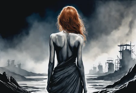 a watercolor painting of a female born from the ashes, from behind.
Her (ginger undone hair:1.2) covers part of her beautiful face and bare chest, cold blue eyes.
There is diffuse, misty and smoky atmosphere around her, giving the picture a menacing element.
The picture is painted in a monochromatic scheme, mainly with shades of black, white and gray.
(dystopian style, highly detailed, bleak, post-apocalyptic, somber, dramatic)