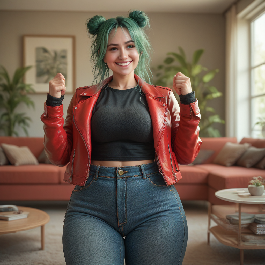 score_9, score_8_up, score_7_up, BREAK, female, green hair, hair buns, red leather jacket, black band shirt, denim jeans, in living room, smiling, large breasts