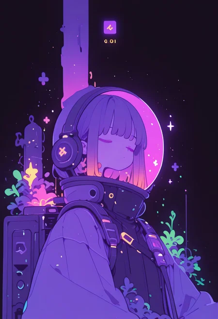 <lora:ck-shadow-circuit-IL:0.78>,
masterpiece, best quality, good quality, very aesthetic, absurdres, newest, 8K, depth of field, focused subject,
1girl, solo, A highly detailed anime-style illustration of a young astronaut with a transparent space helmet, filled with lush green plants and glowing flowers. Her face is calm, eyes gently closed, as if in deep thought or sleep. The helmet acts as a self-sustaining biosphere, with vines growing inside. The suit is a fusion of futuristic cyberpunk aesthetics and organic elements, featuring metallic tubes and intricate bio-mechanical details. The lighting is soft and warm, casting a golden glow on the plants and the astronaut’s delicate face. The background is minimalistic, textured, and slightly aged, emphasizing a dreamlike, melancholic atmosphere. Style: semi-realistic, anime, soft shading, high detail, sci-fi botanical theme
 , black background
<lora:MoriiMee_Gothic_Niji_Style_Illustrious_r1:0.45>
<lora:ck-nc-cyberpunk-IL-000011:0.4>
<lora:ck-neon-retrowave-IL:0.2>