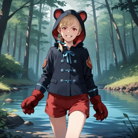 anime coloring, score_9, score_8_up, score_7_up, score_6_up, natalia-korda, resident evil, 1girl, blue ribbon, red eyes, blonde hair, lips, braid, black jacket, paw gloves, red shorts, marching, menacing grin, evil expression, in the forest, creek, undergrowth, succulents, animal hood, (bear costume:0.7)