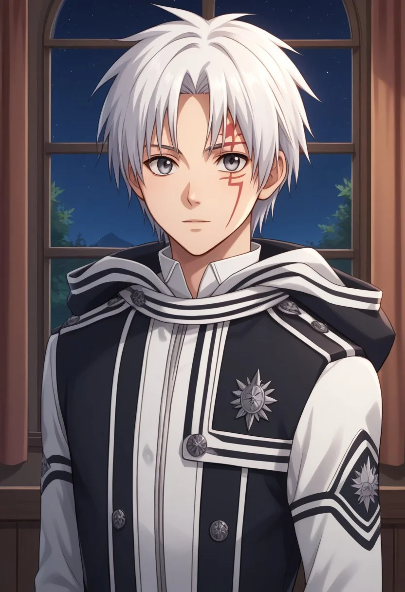 score_9, score_8_up, score_7_up, source_anime, highly detailed,
allenwalker, solo, 1boy, male focus, looking at viewer, grey eyes, white hair, coat, long sleeves, facial mark, exorcist uniform, hood, gloves, white gloves, upper body, slender, skinny
indoor, window, curtain, plant. night