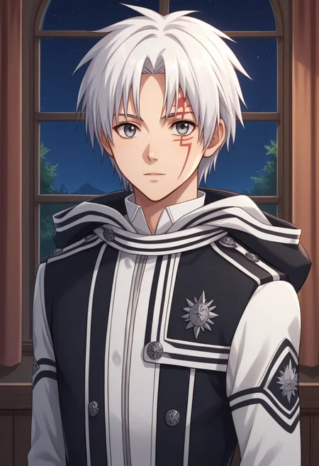 score_9, score_8_up, score_7_up, source_anime, highly detailed,
allenwalker, solo, 1boy, male focus, looking at viewer, grey eyes, white hair, coat, long sleeves, facial mark, exorcist uniform, hood, gloves, white gloves, upper body, slender, skinny
indoor, window, curtain, plant. night