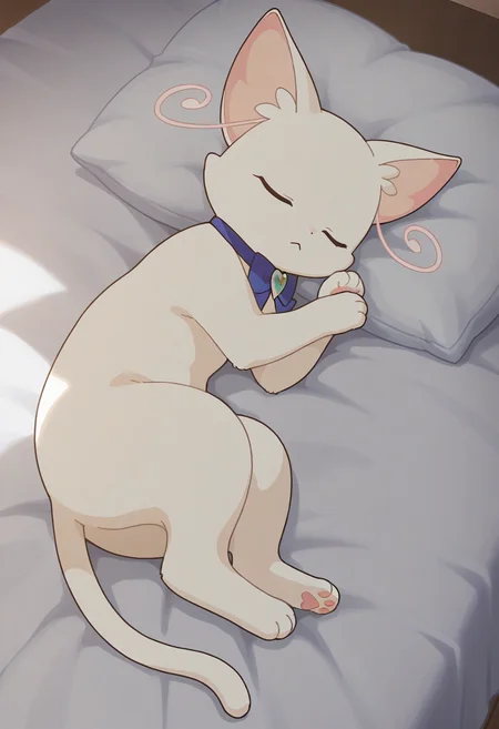 best quality, masterpiece, very aesthetic, yukicat, no humans, cat, closed eyes, solo, full body, cat tail, bowtie, white fur, furry, on bed, sleeping,