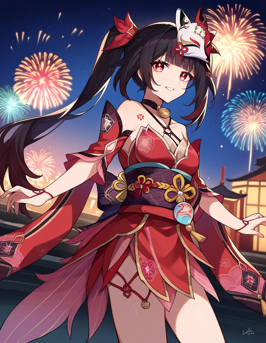 score_9, score_8_up, score_7_up, source_anime,
honkaisparkle, <lora:honkai-sparkle-ponyxl-lora-nochekaiser:1>,
sparkle, long hair, bangs, black hair, hair ornament, twintails, red eyes, bell, mask, mask on head, fox mask, smile,
dress, bare shoulders, japanese clothes, sash, tattoo, red dress,
outdoors, fireworks, festival,
looking at viewer, cowboy shot, dutch angle, dynamic pose,