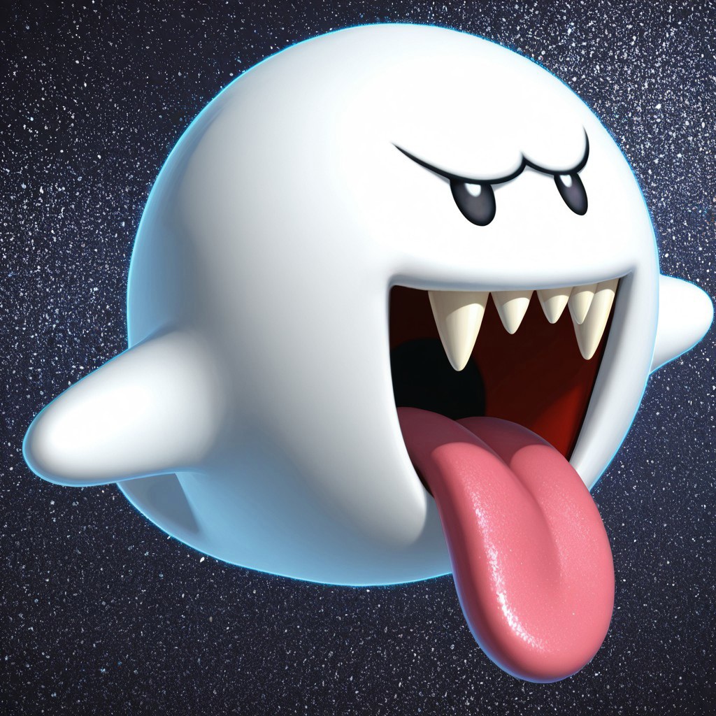 2d, solo, Boo, feral, Ghost, Ball ghost, White body, legless, featureless hands, black eyes, no sclera, sharp teeth, open mouth, tongue out, 

BREAK floating, looking at viewer, abstract background 

BREAK best quality, amazing quality, very aesthetic, absurdres, newest, masterpiece, high quality