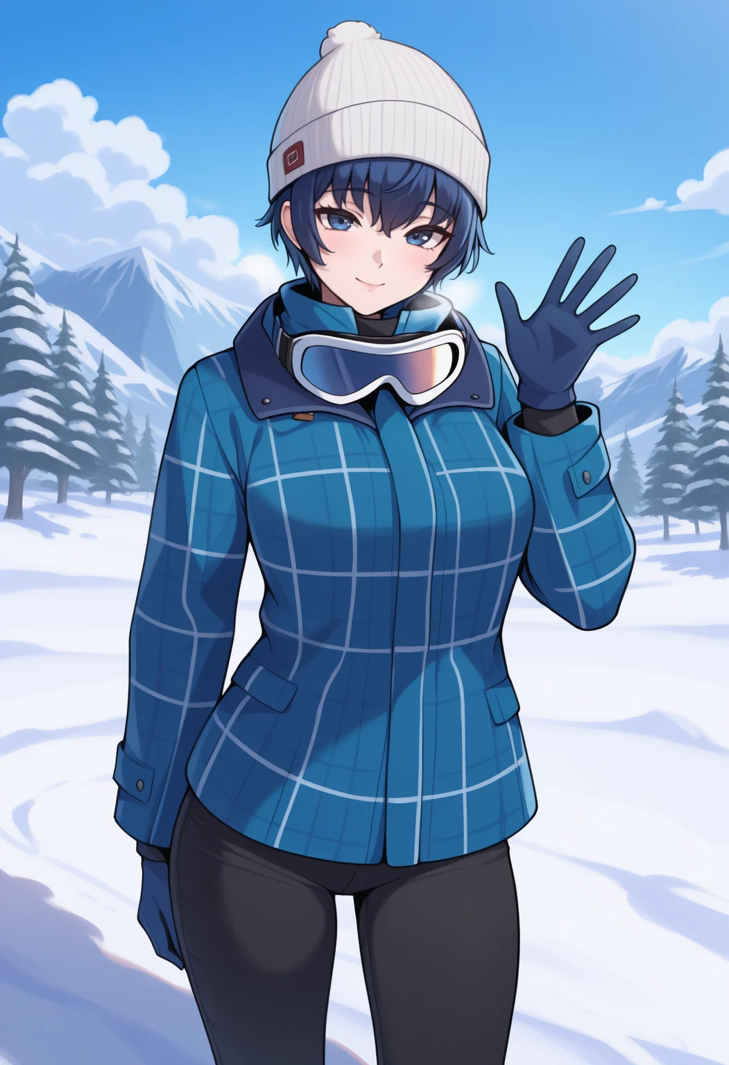 masterpiece, best quality, newest, solo, 1girl, na0tornd, slight smile, looking at viewer, standing, hand up, waving, short hair, blue hair, white headwear, beanie, blue eyes, winter clothes, blue jacket, plaid jacket, long sleeves, blue gloves, black pants, ski goggles, goggles around neck, outdoors, blue sky, cloud, nature, snow, tree, mountainous horizon
<segment:yolo-Anzhc Face seg 640 v2 y8n.pt,0.4,0.5//cid=1>