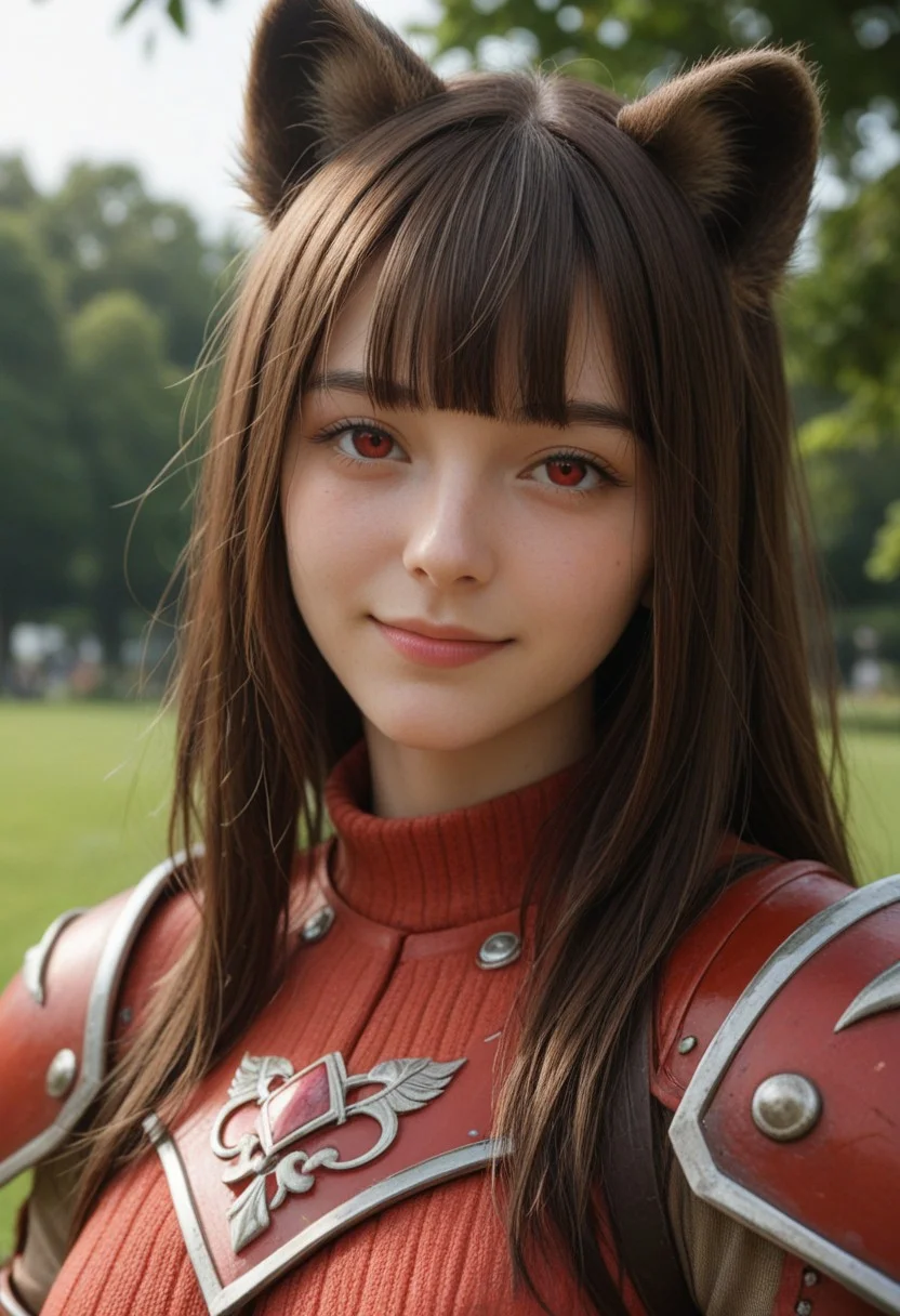 score_9_up, score_8_up, score_7_up, score_6_up, 1girl, 25 years old, perfect face, (adult), sexy,
detailed face, portrait, face focus, depth of field, looking at viewer, blush, shy smile, close up,
red eyes,
animal ear fluff, animal ears, raccoon ears, raccoon girl,
brown hair, long hair, blunt bangs, sidelocks,
brown armor, red armor, brown elbow gloves, long sleeves, brown shoulder armor, white ribbed shirt, red ribbon,
park,