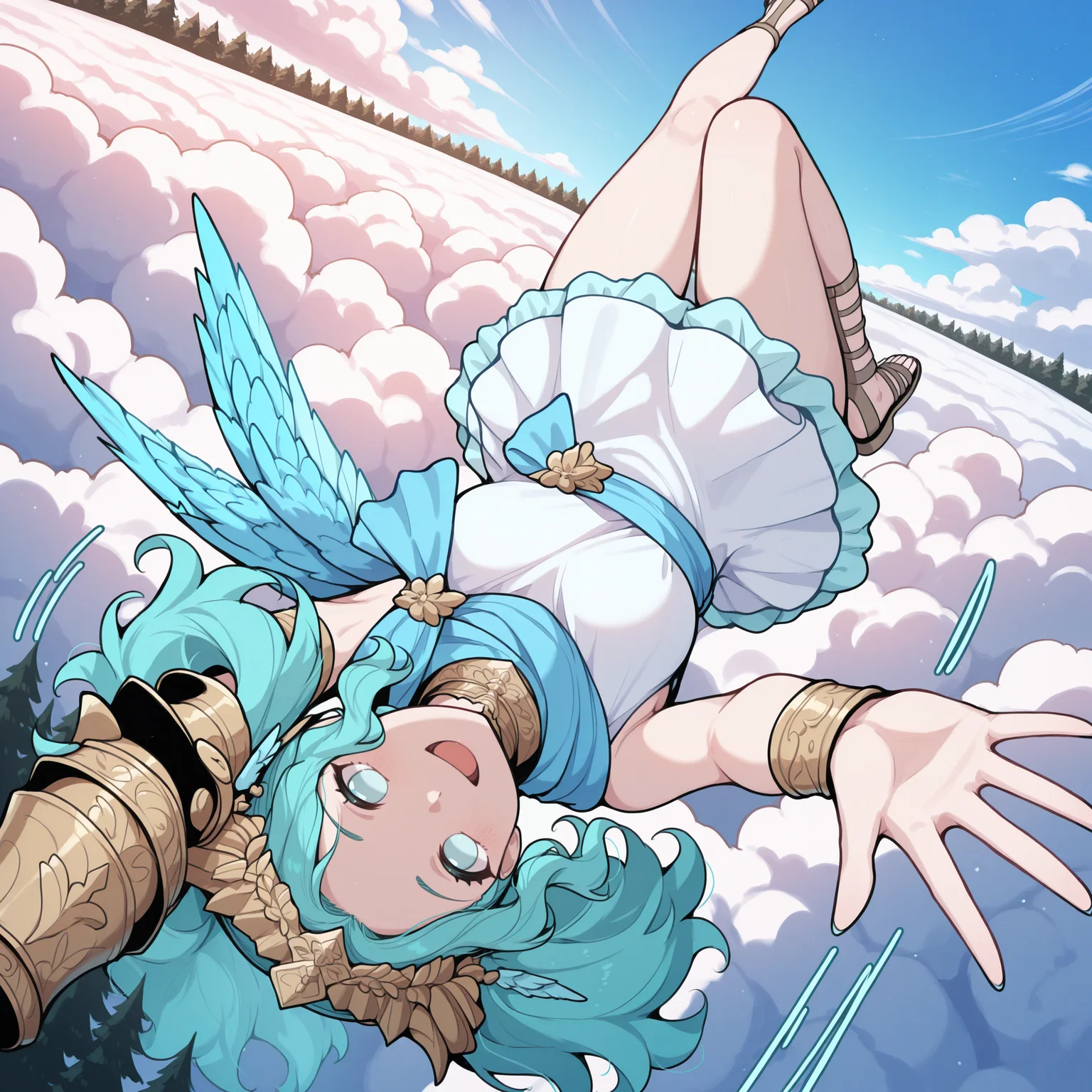 masterpiece, high quality, best quality, newest, menphinaxiv, 1girl, solo, aqua eyes, no pupils, aqua hair, short twintails, crown, hair ornament, single wing, blue wing, metal collar, blue sash, single gauntlet, single bracer, blue scarf, white dress, layered dress, gladiator sandals, flying, floating, dynamic pose, motion lines, from above, dutch angle, flowing hair, foreshortening, forest, cloud, upside-down, happy, landscape, outdoors, above clouds, reaching, <lora:MenphinaIlluV5Manual:1>