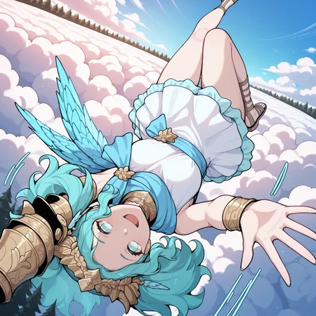 masterpiece, high quality, best quality, newest, menphinaxiv, 1girl, solo, aqua eyes, no pupils, aqua hair, short twintails, crown, hair ornament, single wing, blue wing, metal collar, blue sash, single gauntlet, single bracer, blue scarf, white dress, layered dress, gladiator sandals, flying, floating, dynamic pose, motion lines, from above, dutch angle, flowing hair, foreshortening, forest, cloud, upside-down, happy, landscape, outdoors, above clouds, reaching, <lora:MenphinaIlluV5Manual:1>