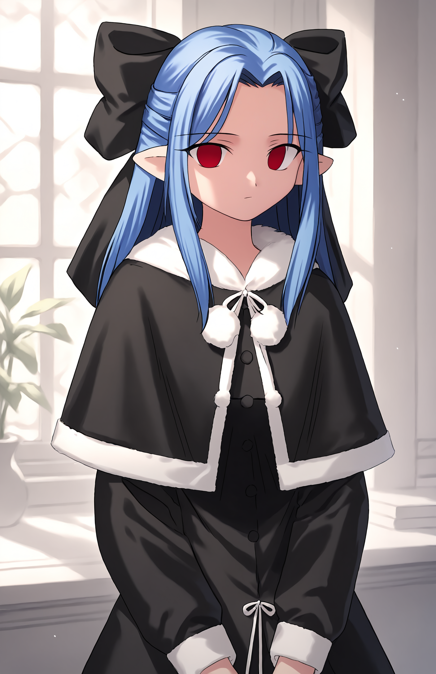 score_9, score_7_up,  1girl, half updo, pointy ears, blue hair, red eyes, fur-trimmed capelet, hair bow, long hair, ribbon, fur trim, white background, empty eyes, looking at viewer, black capelet, pom pom (clothes), black dress, expressionless, long sleeves indoors, looking at viewer,  <lora:Tsukihime style-000018:1>