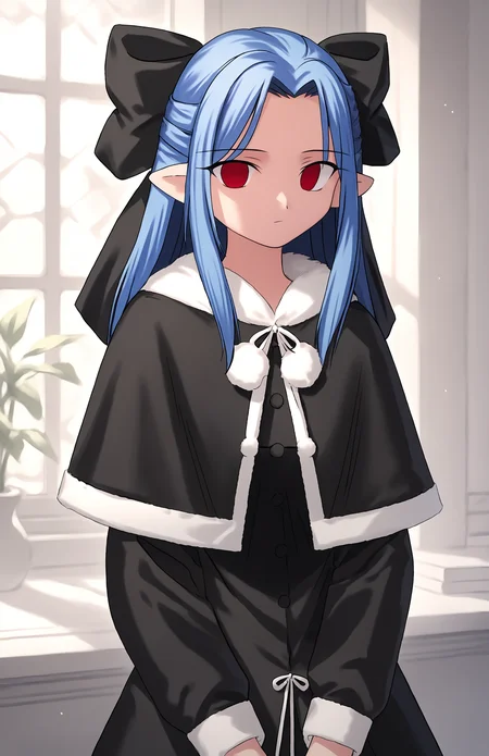 score_9, score_7_up, 1girl, half updo, pointy ears, blue hair, red eyes, fur-trimmed capelet, hair bow, long hair, ribbon, fur trim, white background, empty eyes, looking at viewer, black capelet, pom pom (clothes), black dress, expressionless, long sleeves indoors, looking at viewer, <lora:Tsukihime style-000018:1>