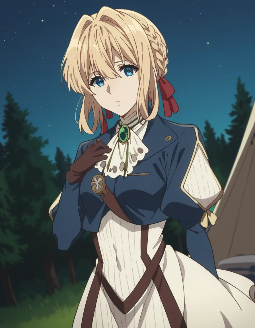 score_9, score_8_up, score_7_up, source_anime, <lora:violet-evergarden-s1-ponyxl-lora-nochekaiser:1>, violet evergarden, blonde hair, blue eyes, hair ribbon, ribbon, short hair, braids, hair braids, red ribbon, mature female, medium breasts,, blue jacket, brown gloves, cropped jacket, dress, gloves, green brooch, jacket, juliet sleeves, long sleeves, puffy sleeves, white dress,, camping, bonfire, tent, stargazing, marshmallows, forest clearing, night, , hands on own chest,, looking at viewer, solo,, dutch angle, cowboy shot