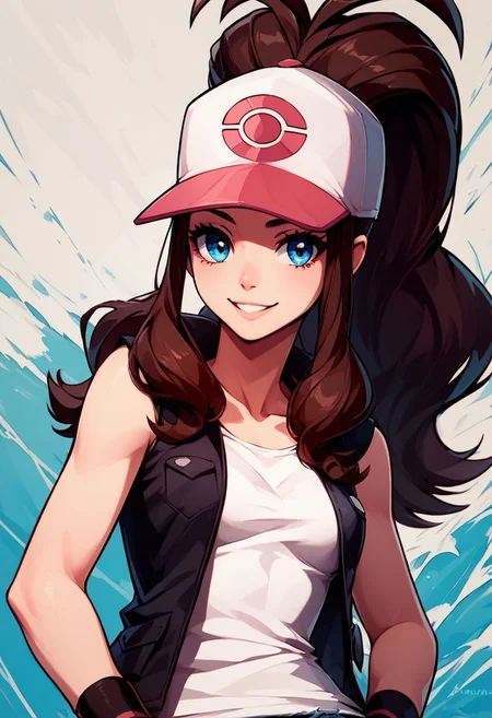 score_9, score_8_up, score_8, medium breasts, (curvy), cute, eyelashes,
rating safe,
BREAK,
zzHilda, blue eyes, long hair, high ponytail, sidelocks, hat, collarbone, white shirt, black vest, sleeveless, wristband, short shorts, denim shorts, exposed pocket,
BREAK,
smile, looking at viewer,
yin-yang theme,
abstract background,
zPDXL,