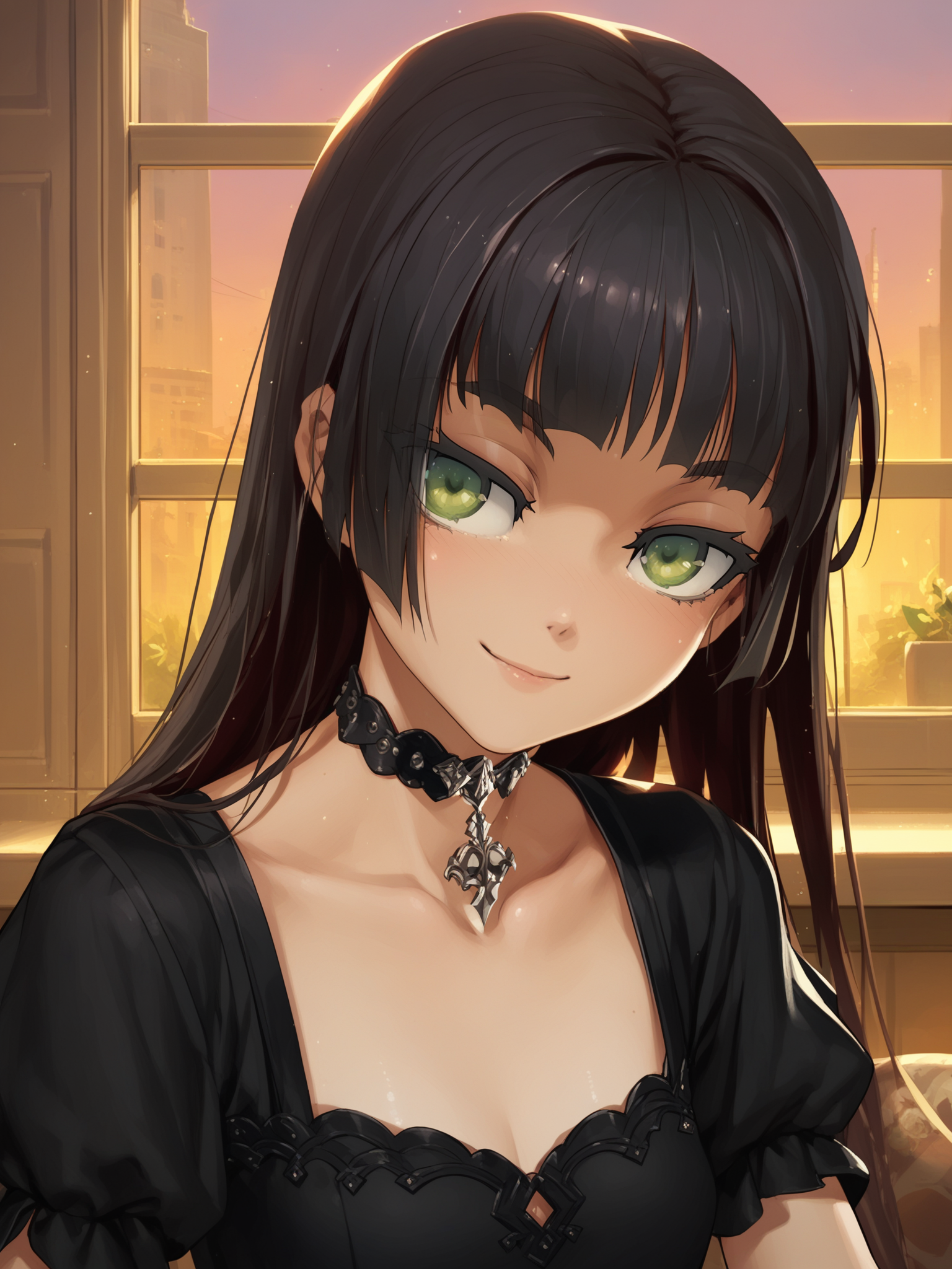 <lora:happy_tentacle-renge-v0.2-000016:1.0>, ht_renge, black dress, choker, short sleeves, goth fashion, , indoors , 1girl, solo, upper body , , ( smile :1.1), , looking away , , , score_9, score_8_up, score_7_up, score_6_up, score_5_up, score_4_up